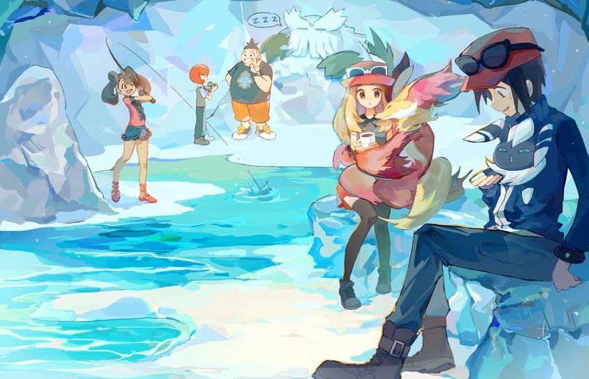 serena, calem, shauna, meowstic, abomasnow, and 2 more (pokemon and 1 more) drawn by summerbb12