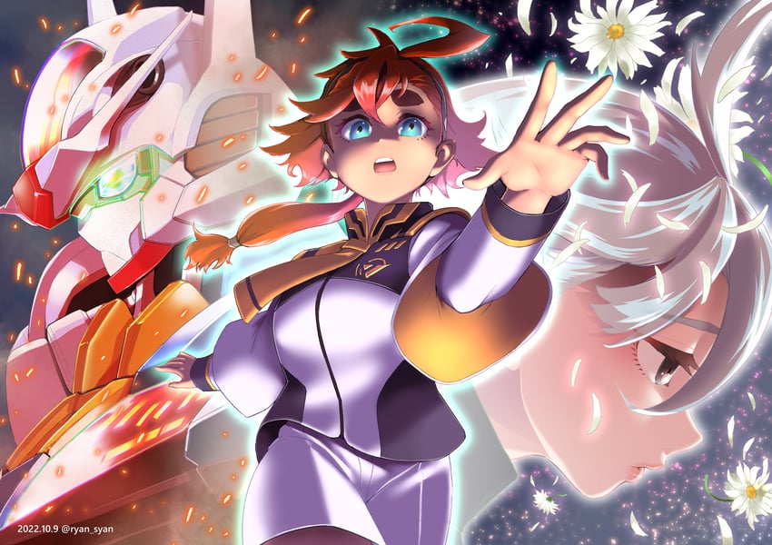 suletta mercury, miorine rembran, and gundam aerial (gundam and 1 more) drawn by gachirin
