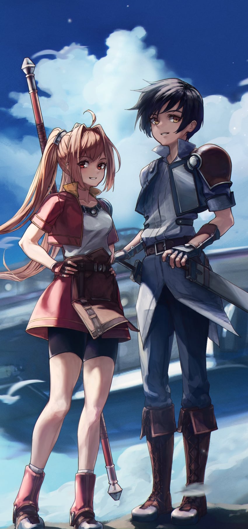 estelle bright and joshua bright (eiyuu densetsu and 1 more) drawn by madou_zakura