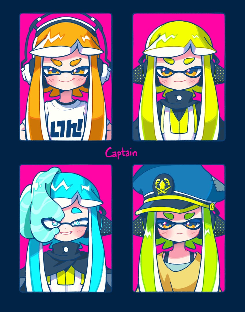 inkling player character, inkling girl, agent 3, kaori, and captain 3 (splatoon and 4 more) drawn by kitnoko