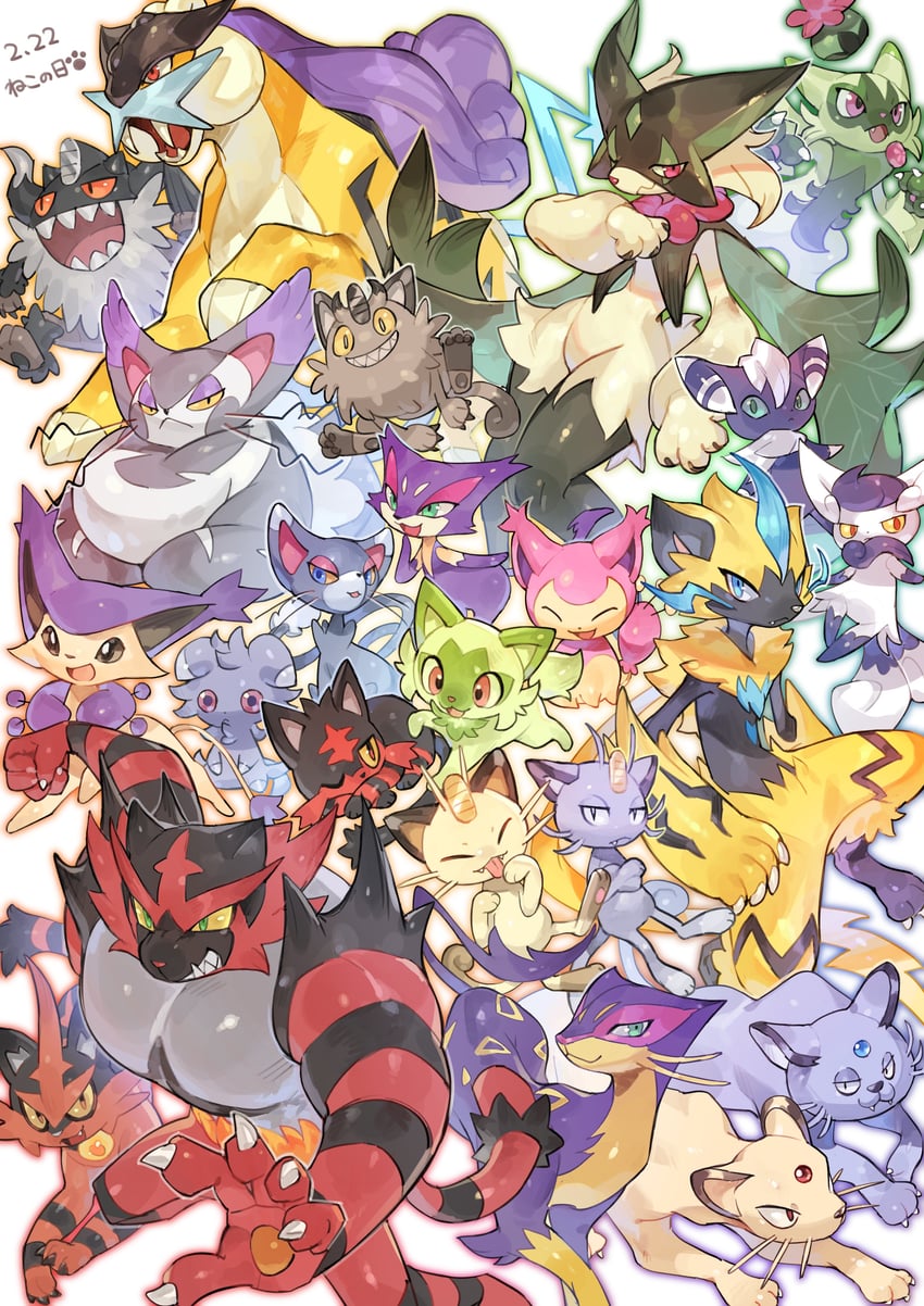 sprigatito, meowscarada, meowth, litten, skitty, and 17 more (pokemon) drawn by tapioka_chaso