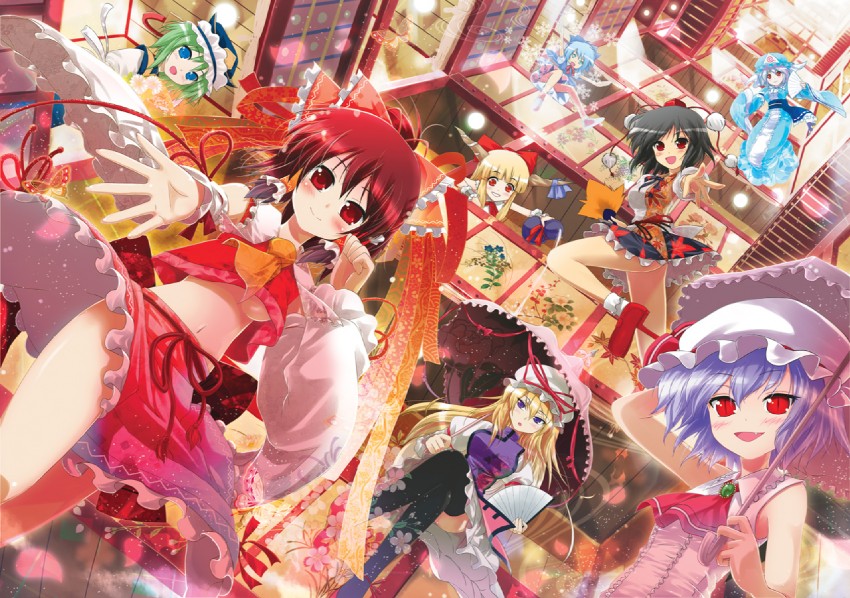 hakurei reimu, remilia scarlet, cirno, yakumo yukari, shameimaru aya, and 3 more (touhou) drawn by porurin