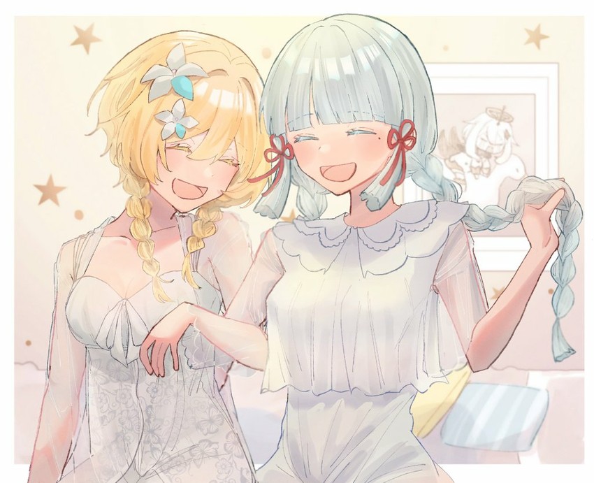 lumine, paimon, and kamisato ayaka (genshin impact) drawn by hinosaku74