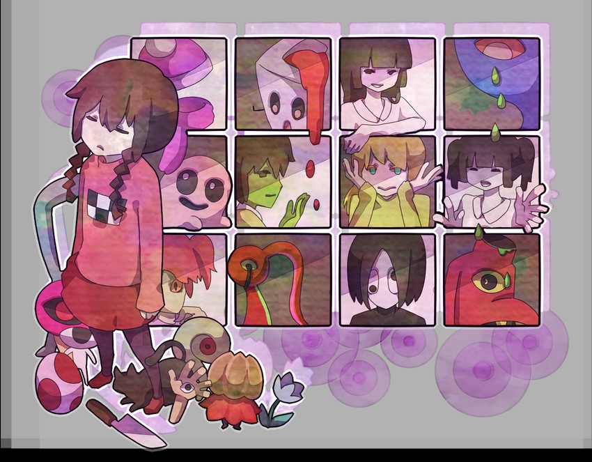 madotsuki, poniko, monoko, monoe, sekomumasada sensei, and 9 more (yume nikki) drawn by 6274