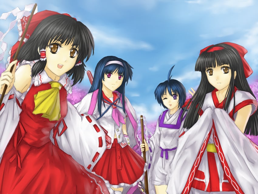 hakurei reimu, nakoruru, ichijou akari, and kyoudou senna (touhou and 4 more) drawn by tomw