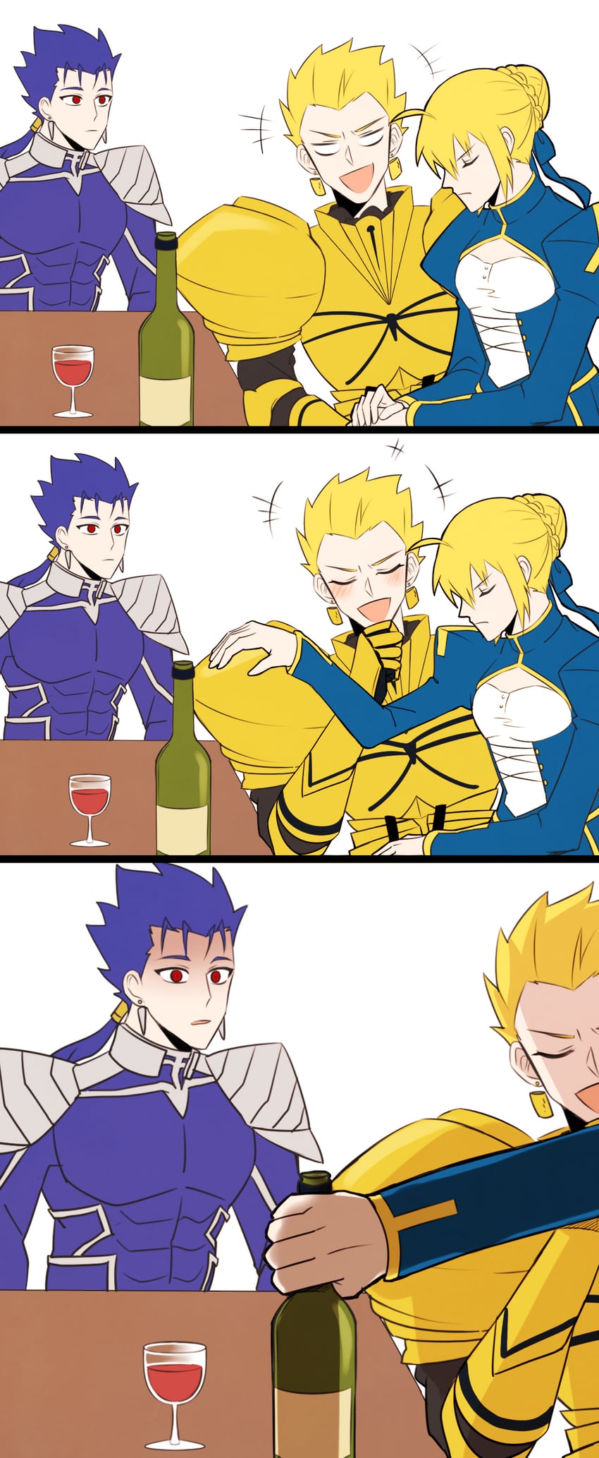 artoria pendragon, saber, gilgamesh, and cu chulainn (fate and 1 more) drawn by chor_nim