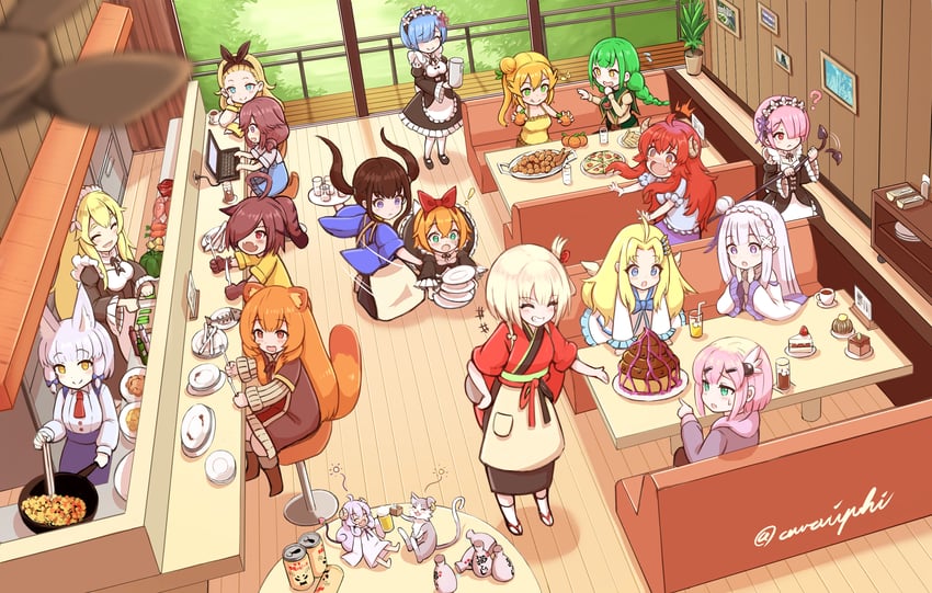 rem, nishikigi chisato, inoue takina, emilia, yoshida yuuko, and 14 more (re:zero kara hajimeru isekai seikatsu and 3 more) drawn by awaiyuhi