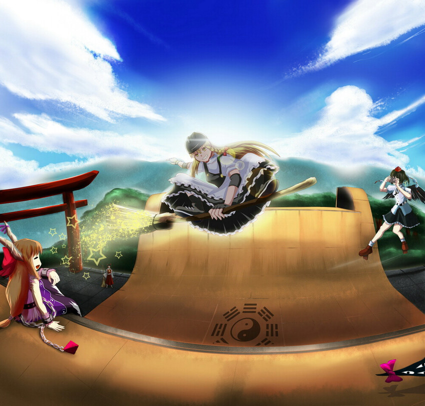 hakurei reimu, kirisame marisa, shameimaru aya, and ibuki suika (touhou) drawn by hadant