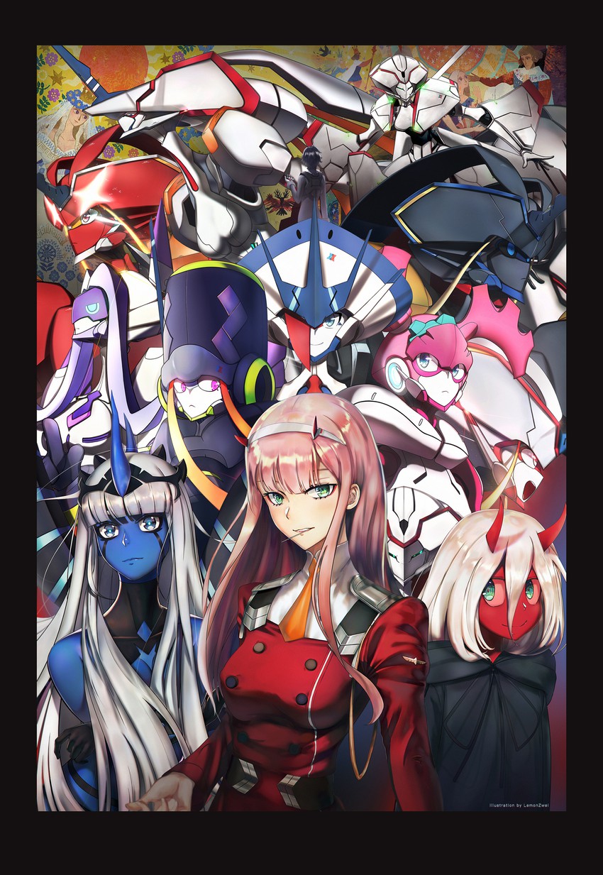 zero two, hiro, strelizia, 001, delphinium, and 4 more (darling in the franxx) drawn by murasaki_saki