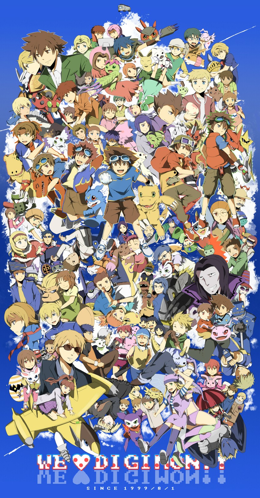 yagami hikari, yagami taichi, renamon, tailmon, agumon, and 127 more (digimon and 7 more) drawn by natsuki_(aisae)