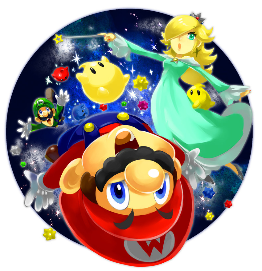 mario, rosalina, luigi, luma, blue luma, and 1 more (mario and 1 more) drawn by mikami