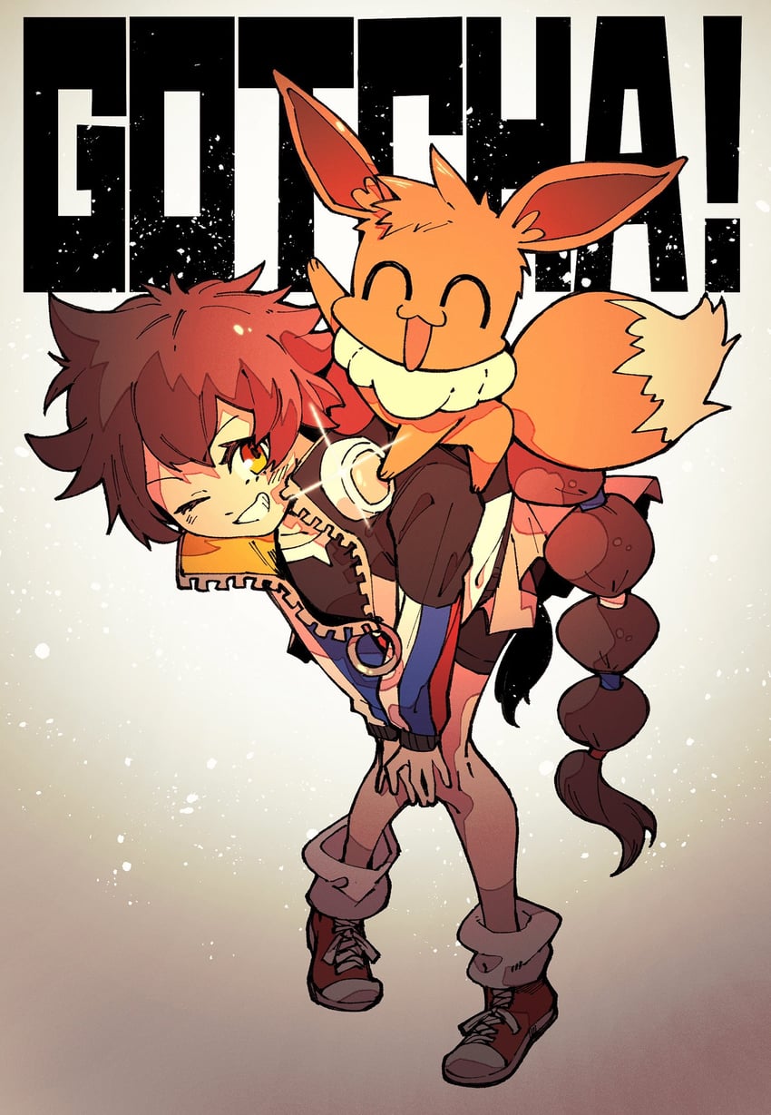 eevee and gotcha! girl (pokemon and 1 more) drawn by inari1369