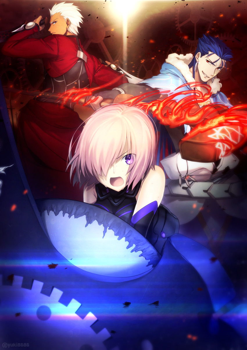 mash kyrielight, archer, and cu chulainn (fate and 2 more) drawn by jam8686
