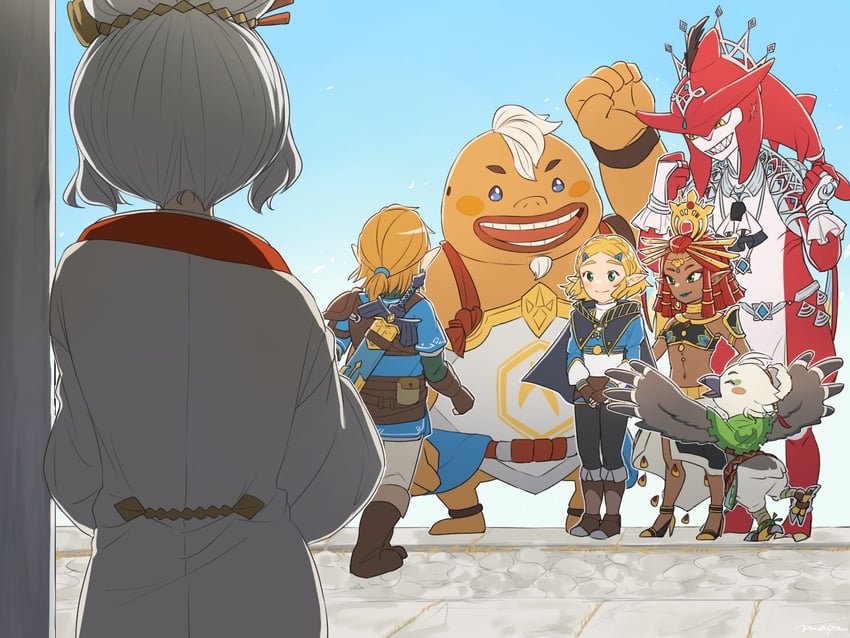 link, princess zelda, purah, sidon, riju, and 2 more (the legend of zelda and 1 more) drawn by maya_(mayamayammy)