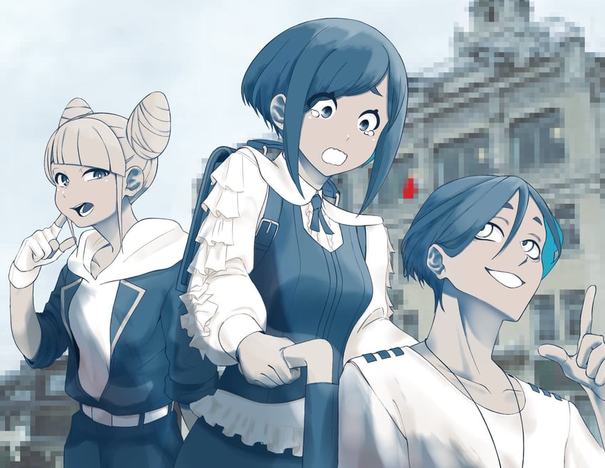 fukurai azami, meguriya ayumu, and jasmine (toshi densetsu kaitai center) drawn by ocha_otome