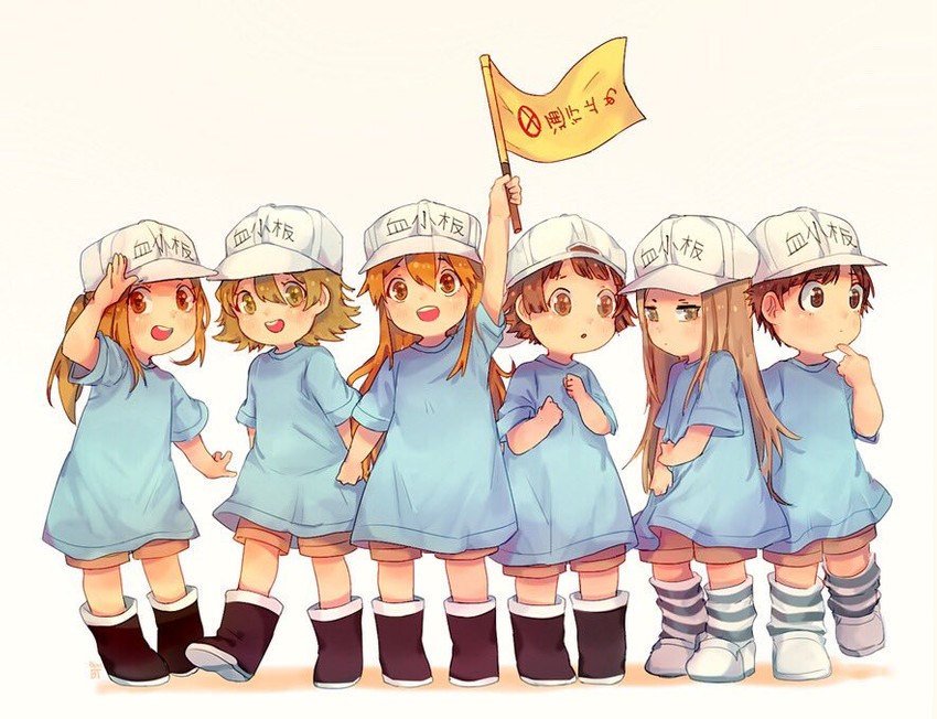 platelet, platelet leader, backwards cap platelet, platelet vice-leader, stare platelet, and 2 more (hataraku saibou) drawn by benzbt