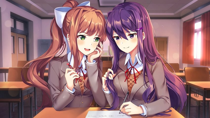 monika and yuri (doki doki literature club) drawn by lucidsky