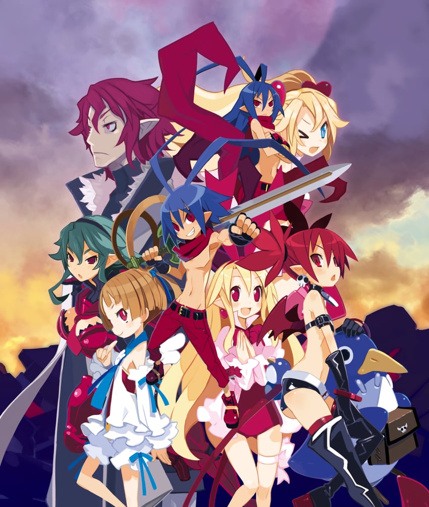 etna, prinny, flonne, laharl, laharl-chan, and 4 more (disgaea and 1 more) drawn by harada_takehito