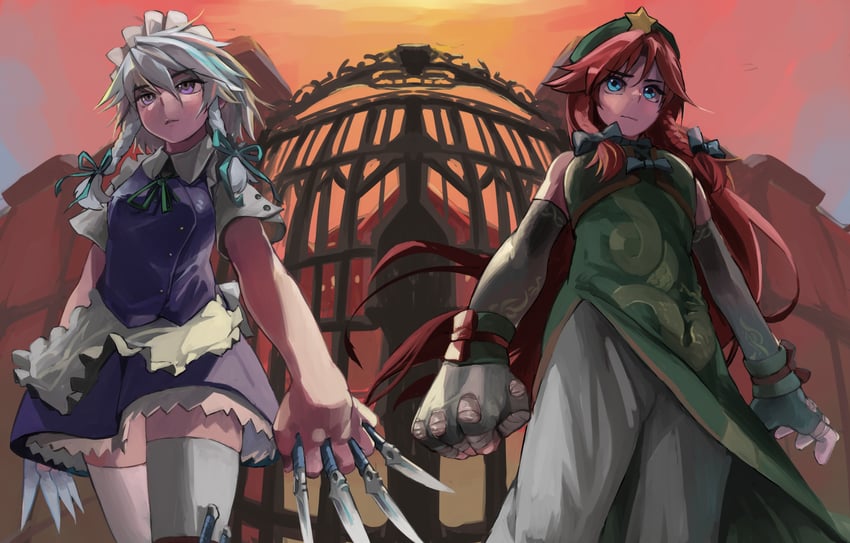 izayoi sakuya and hong meiling (touhou) drawn by rightorisamraido3