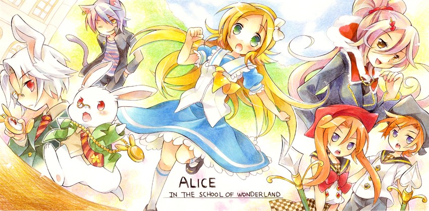 alice, white rabbit, and cheshire cat (alice's adventures in wonderland) drawn by tachitsu_teto