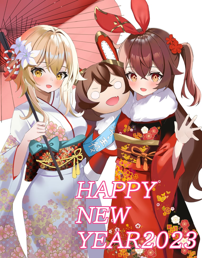 lumine, amber, and baron bunny (genshin impact) drawn by tsukise_miwa