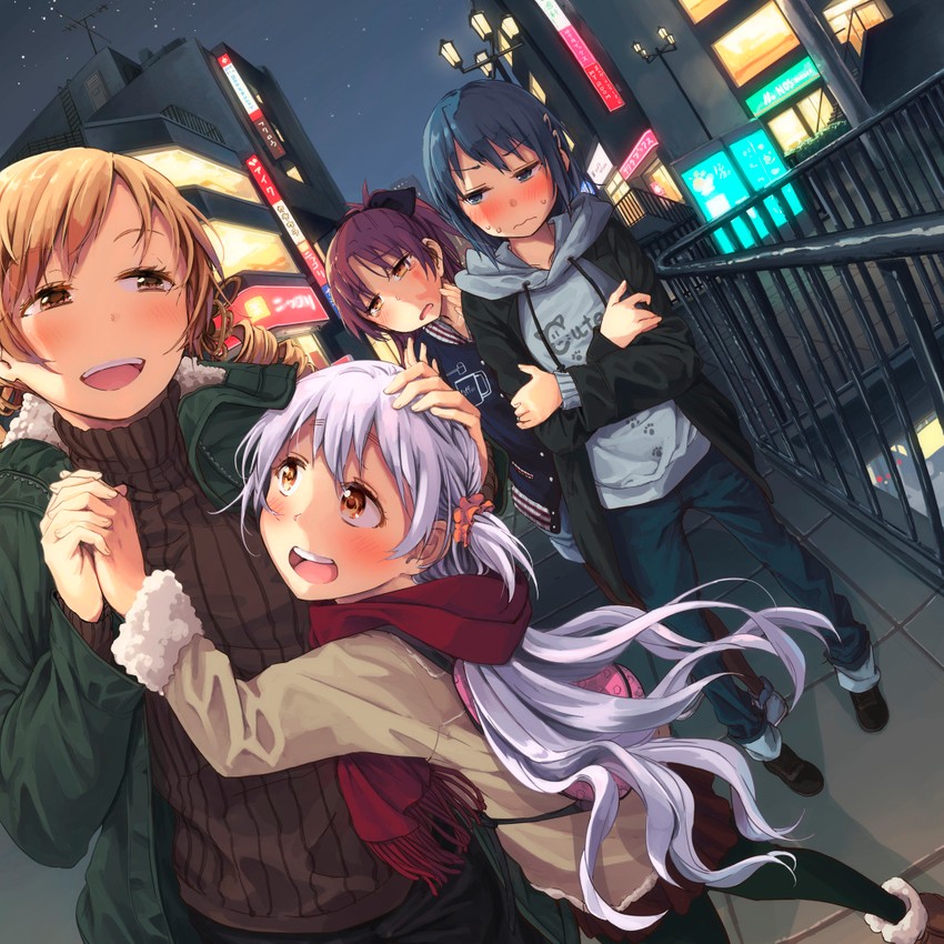 miki sayaka, sakura kyoko, tomoe mami, and momoe nagisa (mahou shoujo madoka magica and 1 more) drawn by ryuunosuke_(luckyneco)