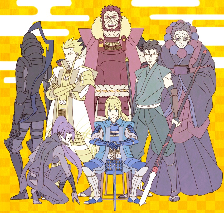 artoria pendragon, saber, gilgamesh, iskandar, diarmuid ua duibhne, and 4 more (fate and 1 more) drawn by b-parteggia