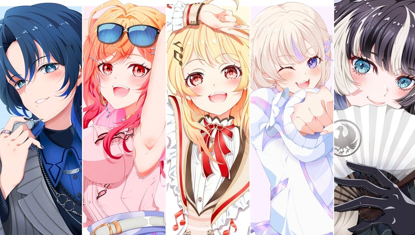 ichijou ririka, juufuutei raden, hiodoshi ao, and otonose kanade (hololive and 1 more) drawn by kentotto