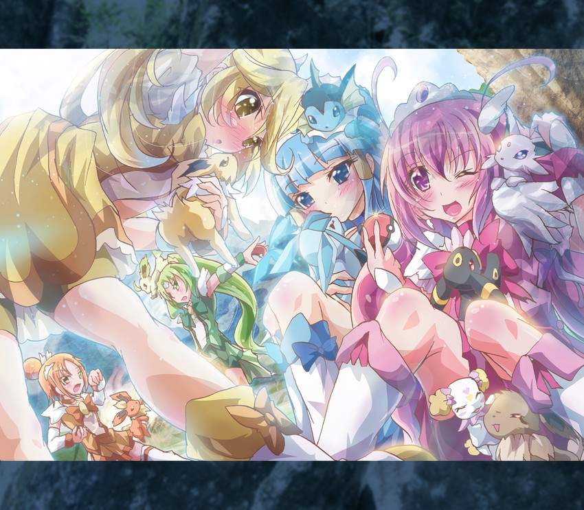 eevee, midorikawa nao, kise yayoi, umbreon, aoki reika, and 14 more (pokemon and 2 more) drawn by inoshishi_(ikatomo)