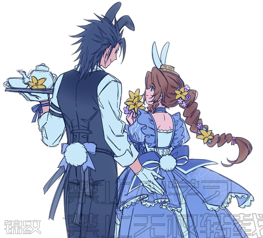 aerith gainsborough and zack fair (final fantasy and 2 more) drawn by huosheanng