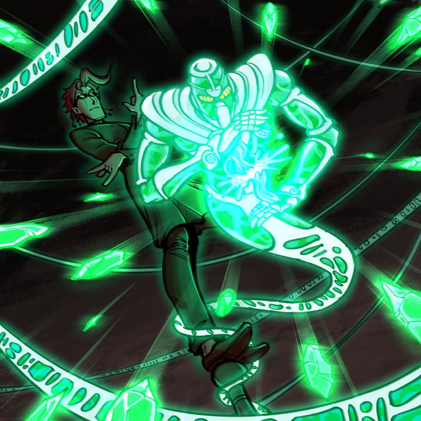 kakyoin noriaki and hierophant green (jojo no kimyou na bouken and 1 more) drawn by jinjango