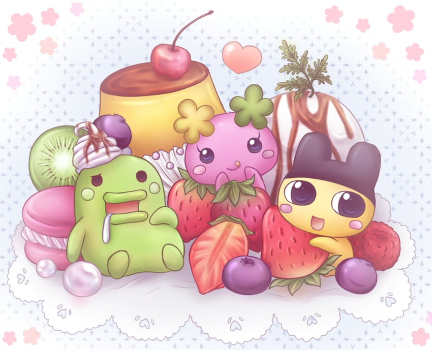 mametchi, kuchipatchi, and flowertchi (tamagotchi and 1 more) drawn by kouta.