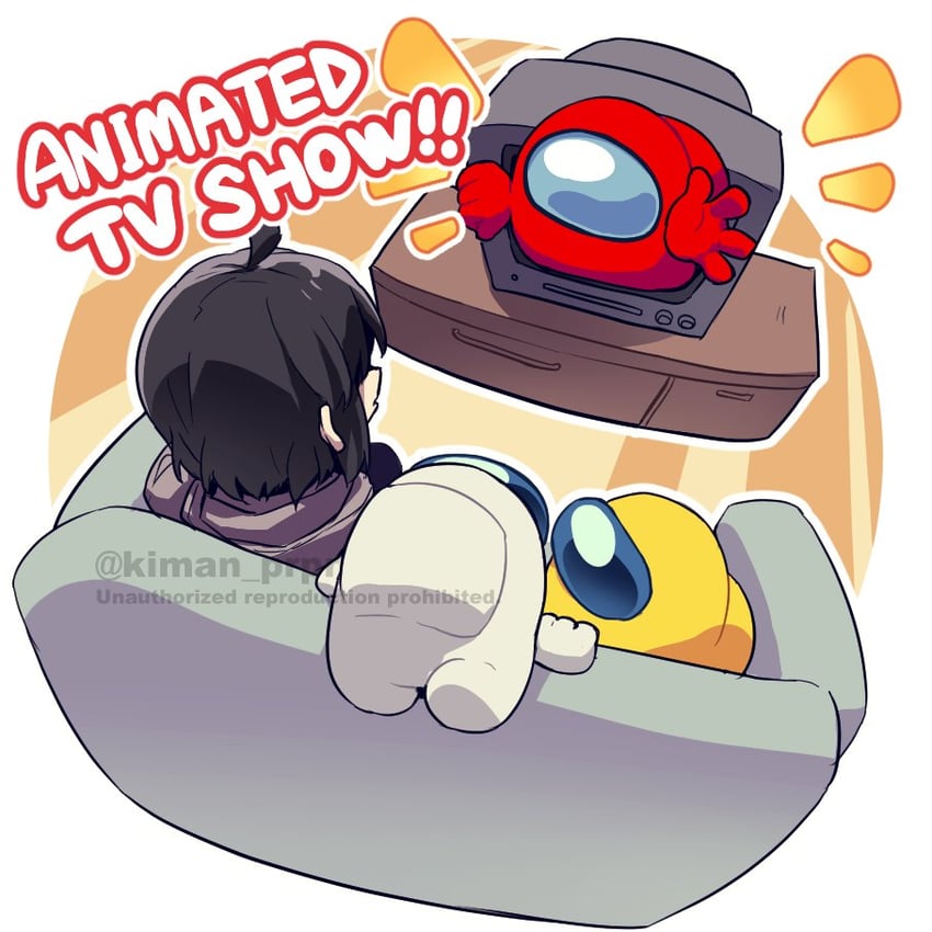 crewmate, yellow, red, white, and they (among us) drawn by kiman