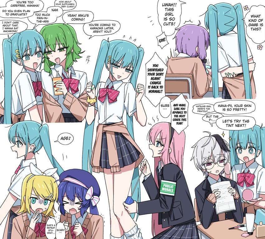 hatsune miku, kagamine rin, megurine luka, yuzuki yukari, gumi, and 2 more (vocaloid and 1 more) drawn by channel_(caststation)
