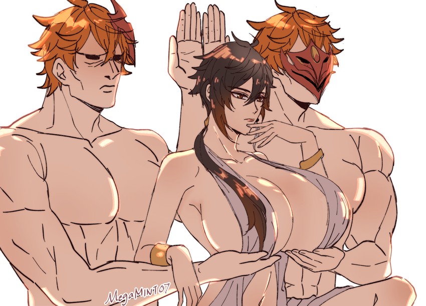 zhongli, tartaglia, and aphrodite (genshin impact and 1 more) drawn by megamint07