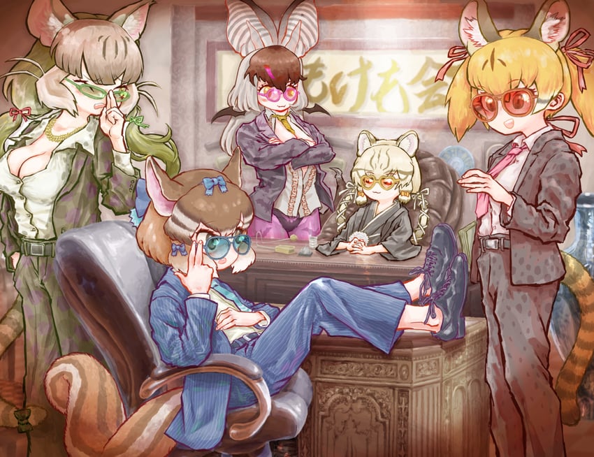 brown long-eared bat, siberian chipmunk, jungle cat, geoffroy's cat, and large-spotted genet (kemono friends and 1 more) drawn by bara_bara_(pop_pop)