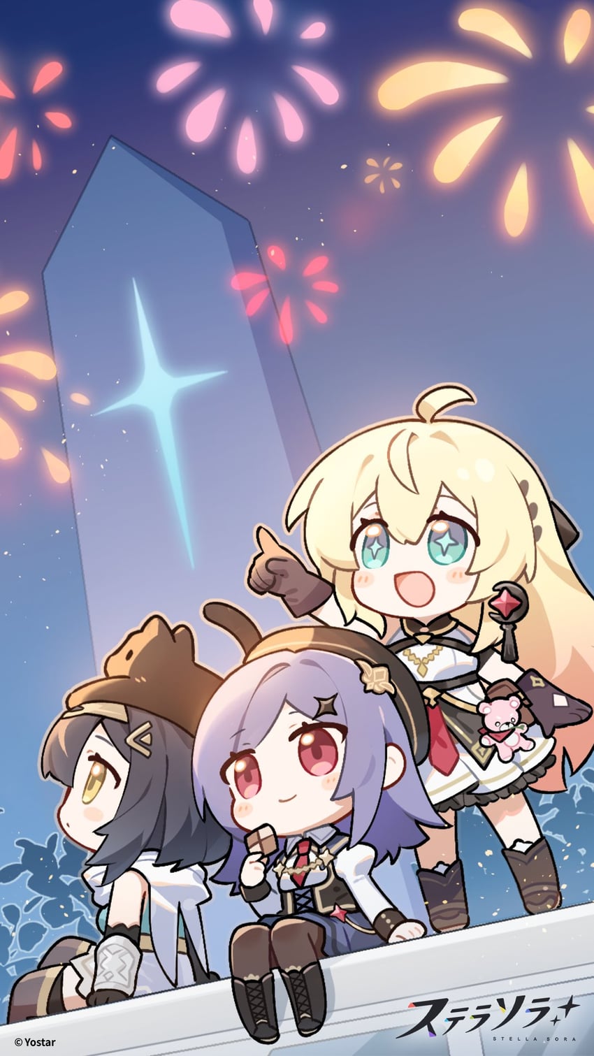 amber, noya, and iris (stella sora) drawn by fanniko