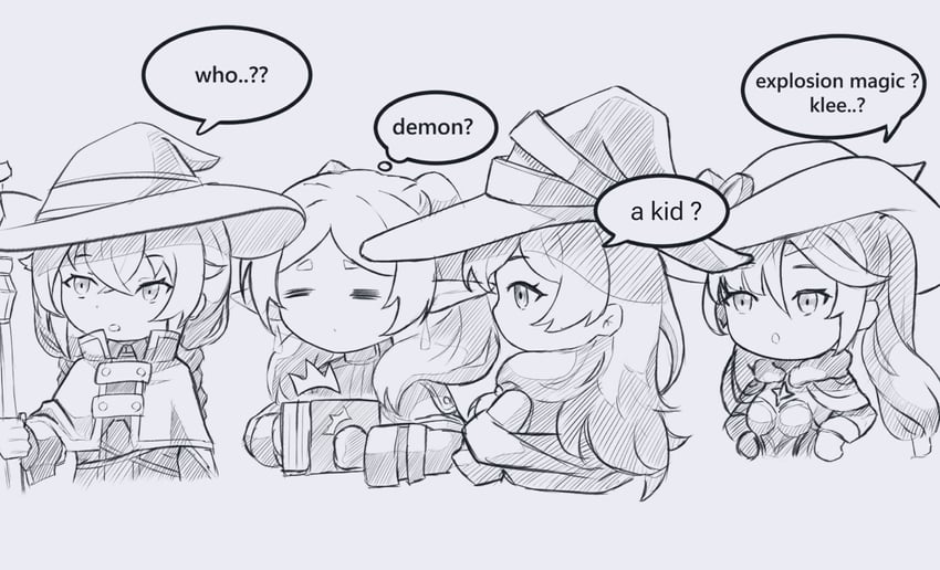 frieren, mona, roxy migurdia, and elaina (genshin impact and 3 more) drawn by egalo