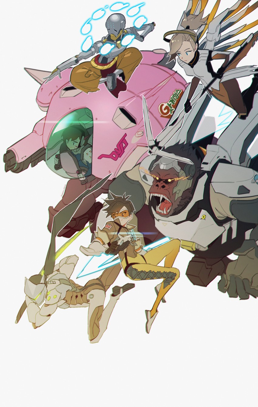 d.va, mercy, tracer, genji, zenyatta, and 1 more (overwatch and 1 more) drawn by maro_(lij512)