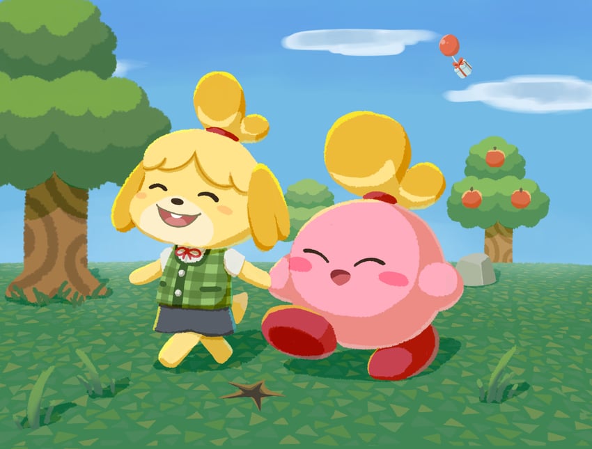 kirby and isabelle (kirby and 1 more) drawn by aruco_co