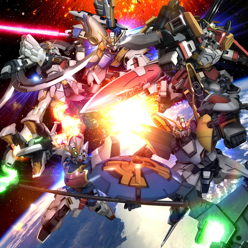 wing gundam, gundam deathscythe, gundam heavyarms, shenlong gundam, and gundam sandrock (gundam and 1 more) drawn by hiropon_(tasogare_no_puu)
