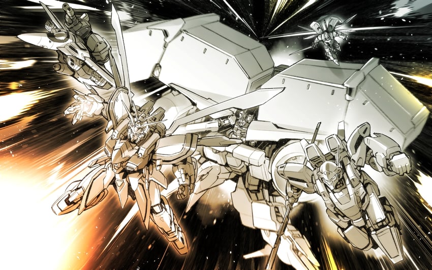 god gundam, vf-1s, gundam gp-03 stamen, vf-1 strike, billbine, and 2 more (gundam and 7 more) drawn by kato_takuji