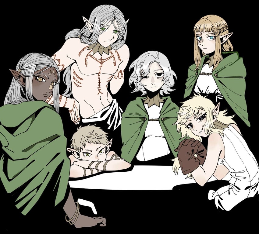 mithrun, fleki, lycion, cithis, pattadol, and 1 more (dungeon meshi) drawn by natuso7