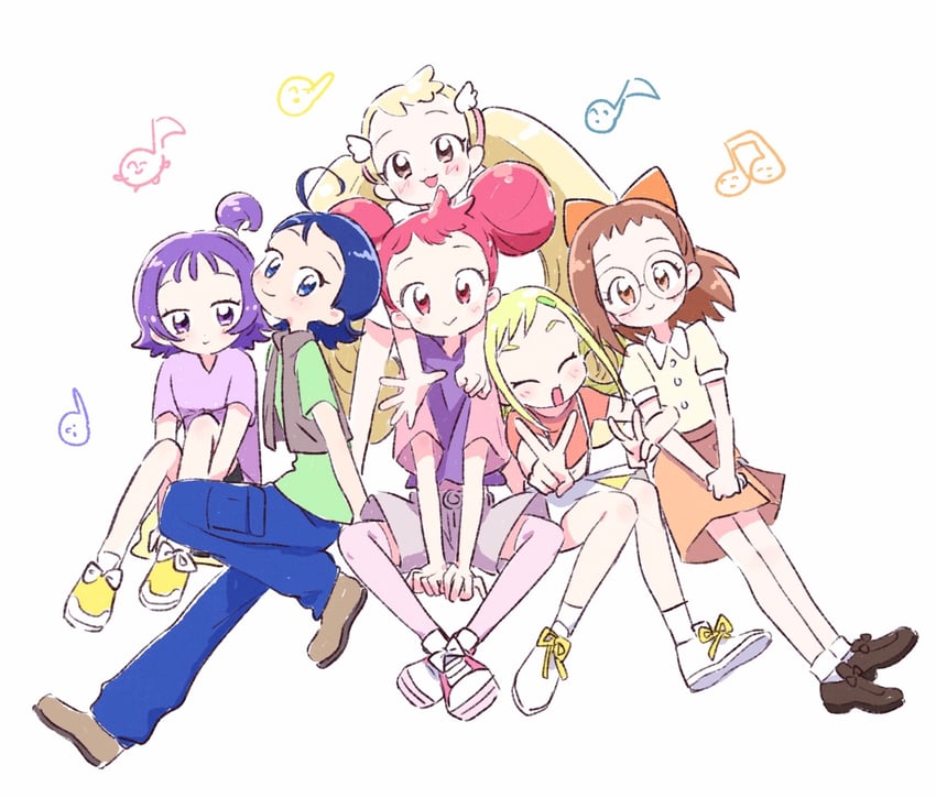 harukaze doremi, segawa onpu, fujiwara hazuki, senoo aiko, makihatayama hana, and 1 more (ojamajo doremi) drawn by mokeo