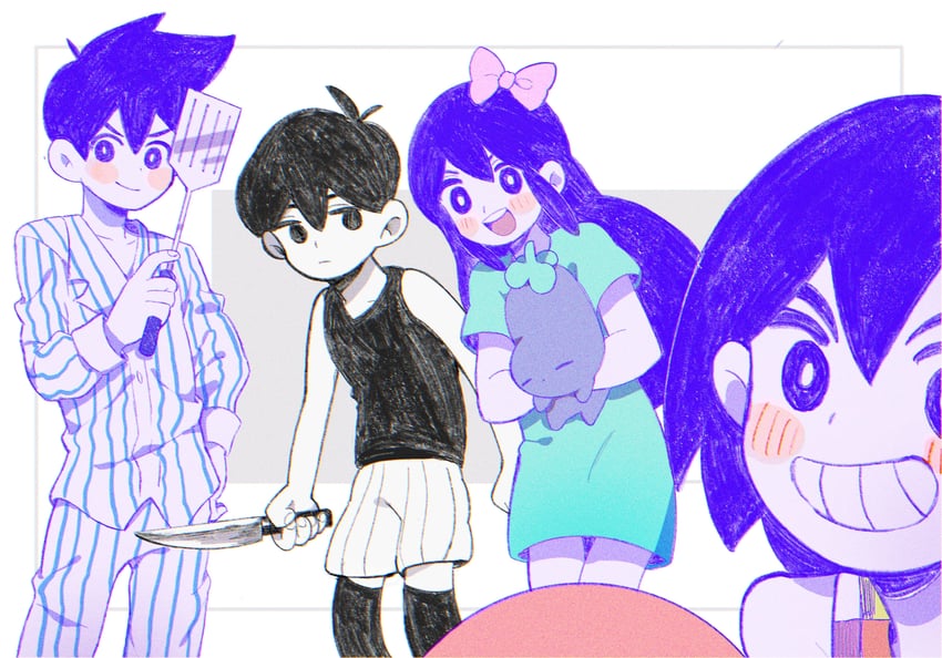 omori, aubrey, kel, hero, and mr. plantegg (omori) drawn by totemo_sindo
