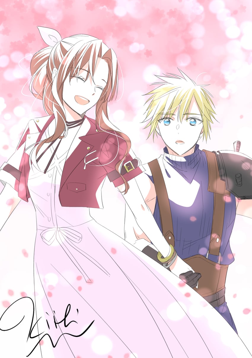 cloud strife and aerith gainsborough (final fantasy and 3 more) drawn by kiiti_kagamiike