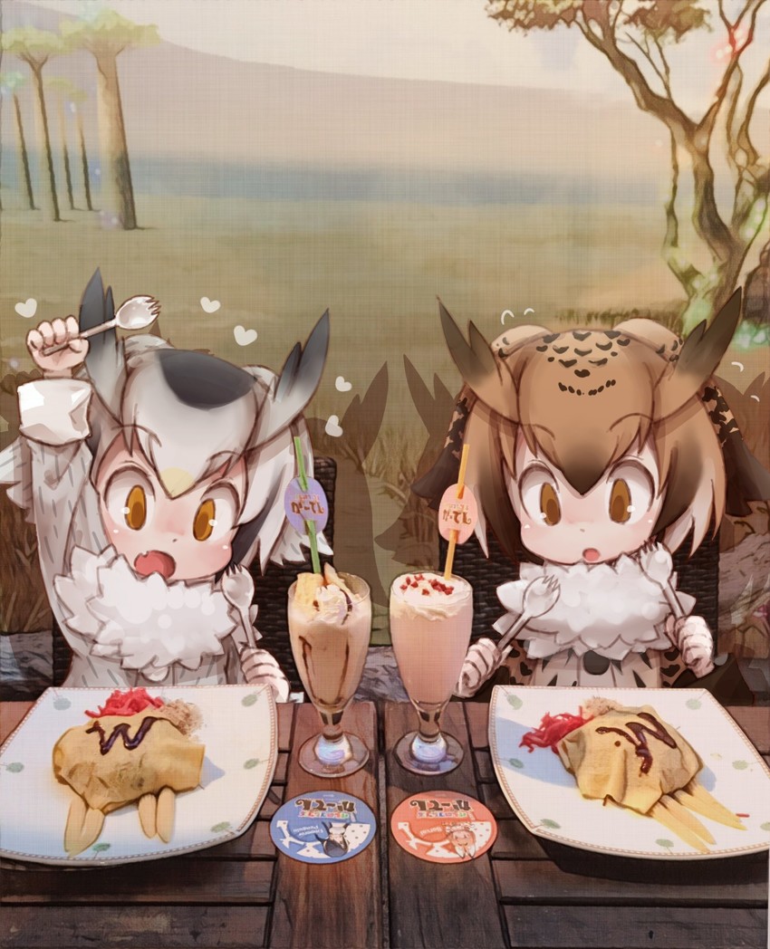 serval, northern white-faced owl, emperor penguin, and eurasian eagle owl (kemono friends) drawn by kolshica