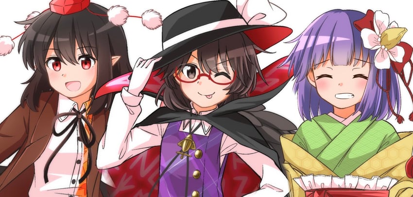 shameimaru aya, hieda no akyuu, and usami sumireko (touhou) drawn by yakousei_no_kame
