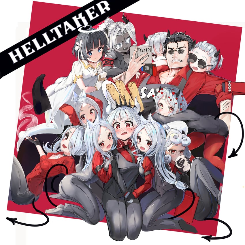 lucifer, modeus, justice, helltaker, cerberus, and 6 more (helltaker) drawn by sei1siki