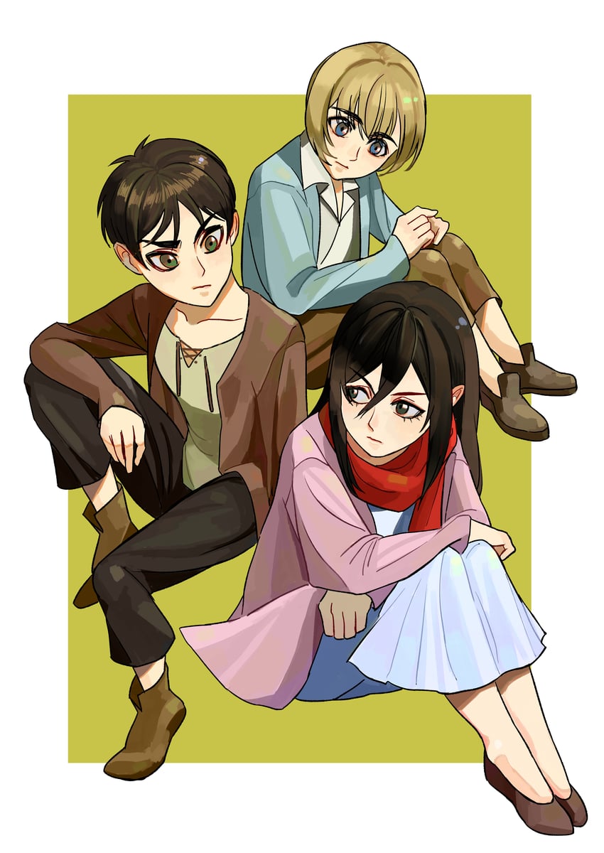 mikasa ackerman, eren yeager, and armin arlert (shingeki no kyojin) drawn by furudxn